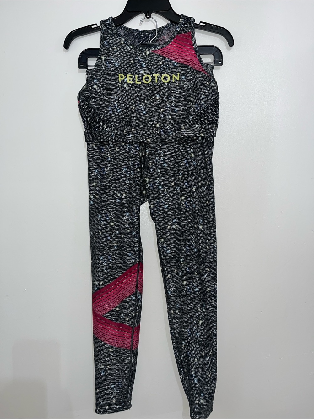 Peloton Black Speckled Crop Tank and Leggings with Yellow Logo and Pink Accent